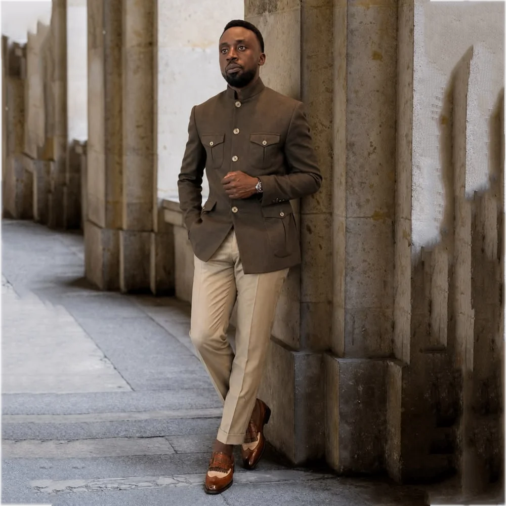 Men's Mandarin Collar Safari Suit 2 Pieces Multi Pocket Jacket Pants Mixed Color Vintage Slim Fit Outfit Daily Casual Male Set
