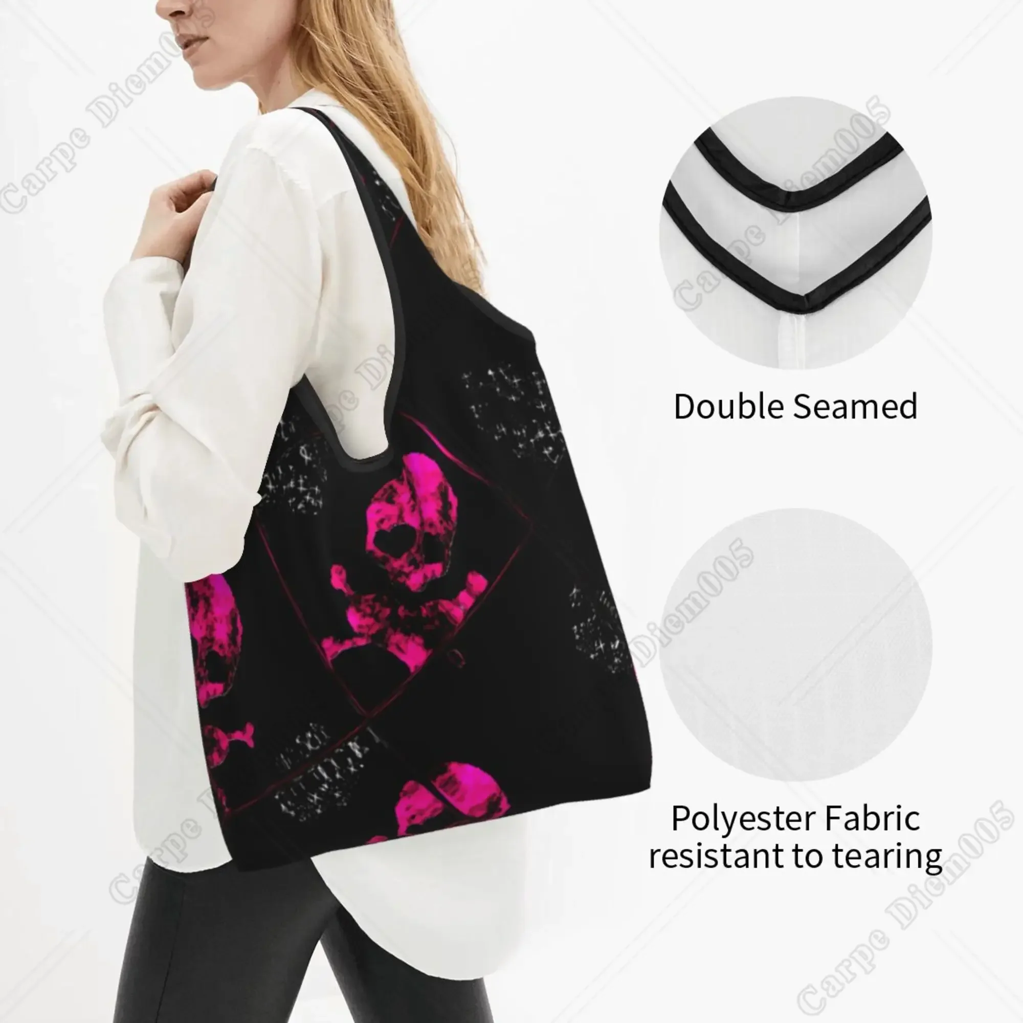 Bolso de mano de Horror gótico para mujer, bolsa plegable de compras, trabajo al aire libre, caminar al aire libre, sin cremallera, rosa, púrpura,