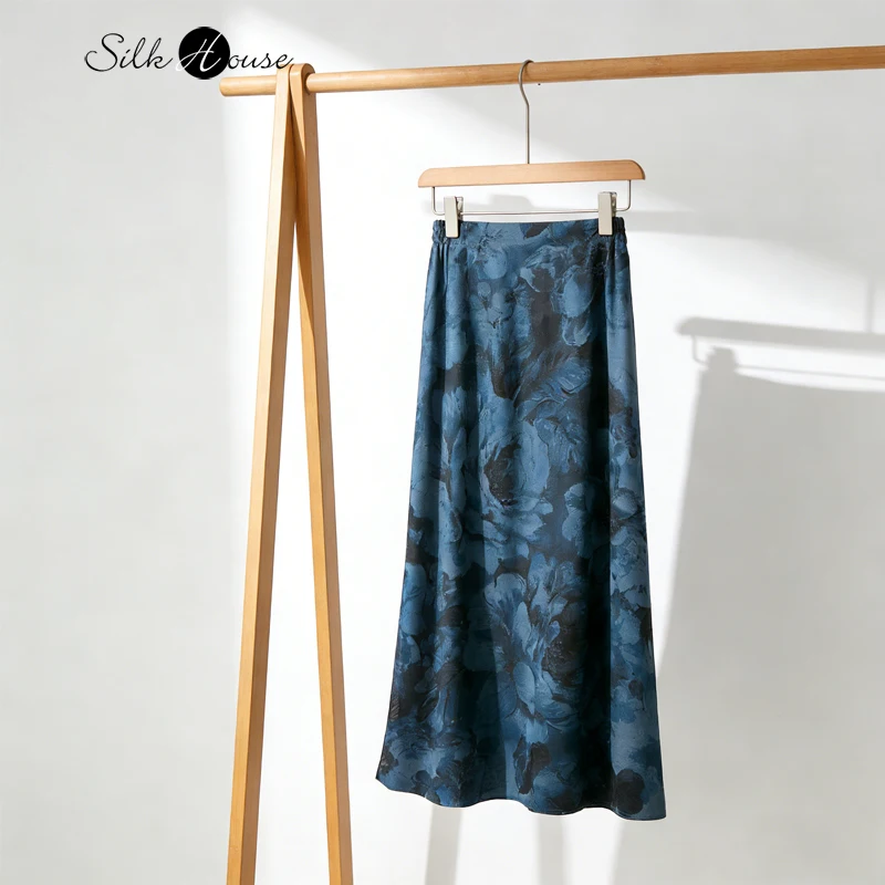 

Women's Clothing Retro Ink Wash Blend 100% Natural Mulberry Silk Fragrant Cloud Yarn Flower Luo High Waist Straight Tube Skirt