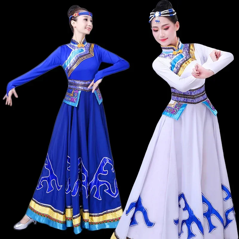 Vestido de dança tibetana para adultos, trajes de dança mongol vestido feminino de minoria étnica, saia prática