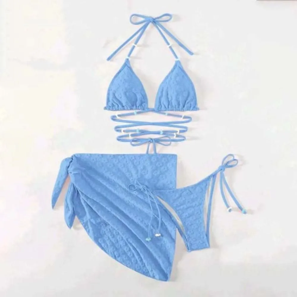 Floral 3 Pcs Swimsuits Bikinis Set Bubble Cloud Bathing Suit Flower Knot Triangle Bikini Set Lingerie Split