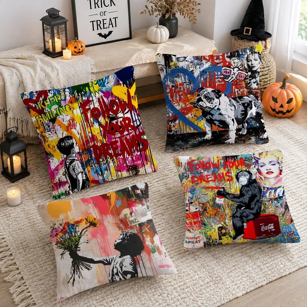 Artist B-Banksy Street Graffiti Art Cushion Cover Soft Plush Cushion Case Throw Pillowcase Cozy Home Sofa Bed Living Room Decor