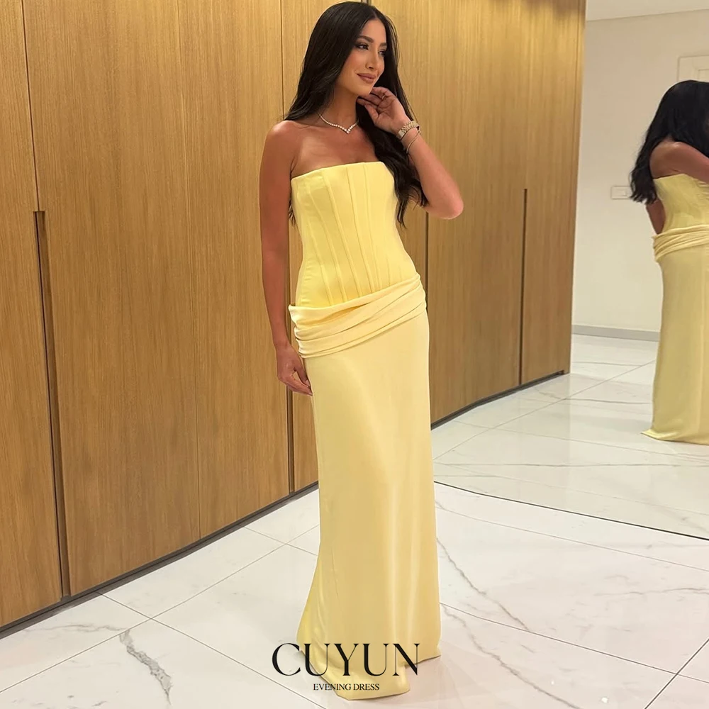 Cuyun 2025 amarelo em linha reta sem alças vestidos de noite até o chão elegante vestido de festa feminino vestido formal personalizado vestido de banquete