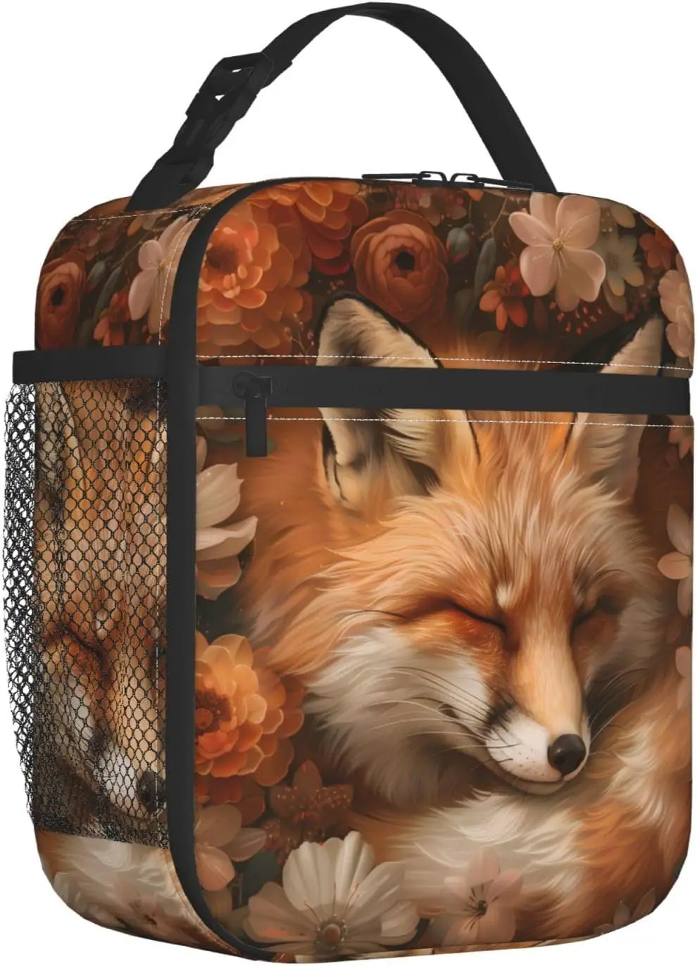 Reusable Fox Lunch Box for Kids Girls Boys Women Adult, Insulated Autumnfloral Flower Animal Cute Lunch Bag,Polyester Cooler Han