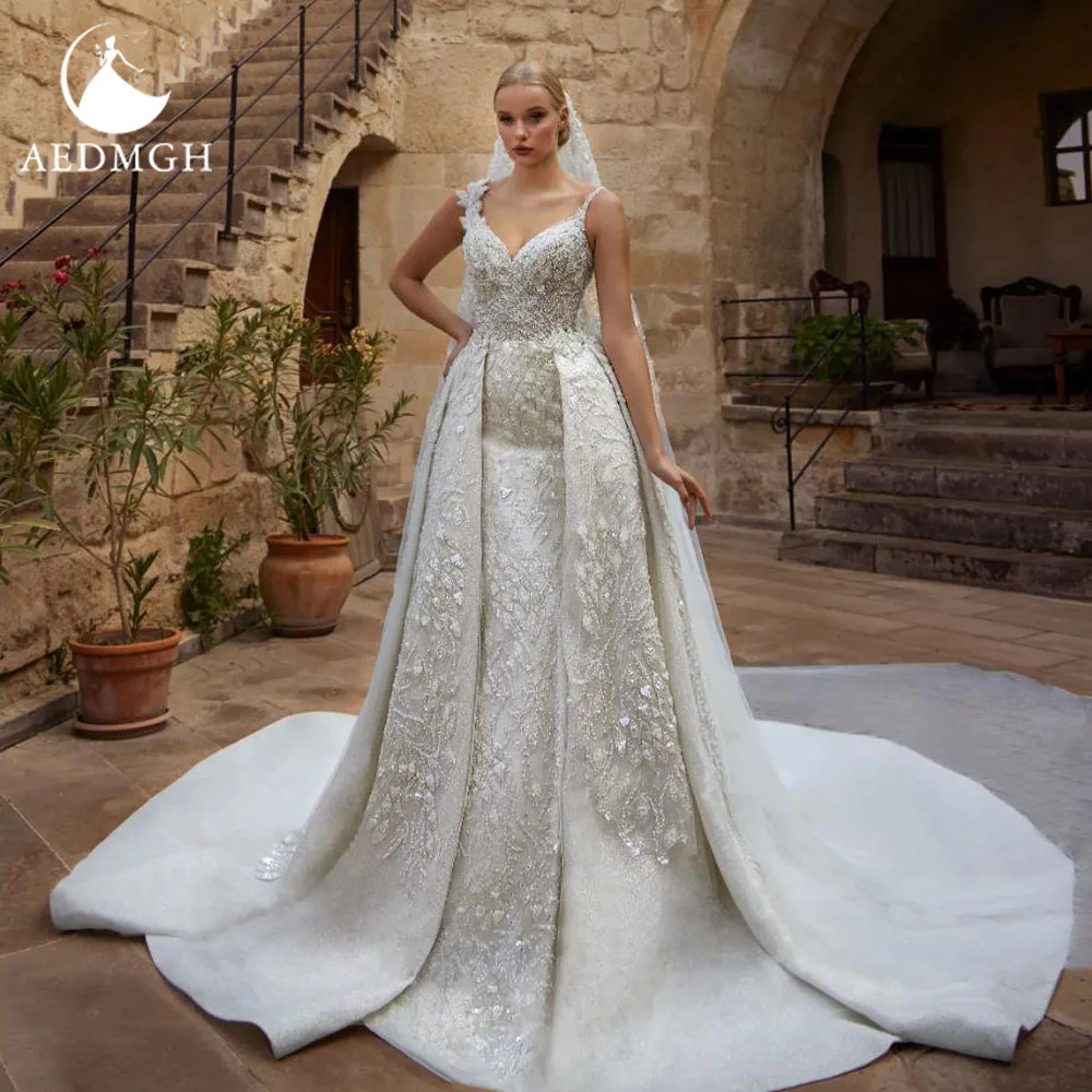 

Aedmgh Mermaid Sexy Wedding Dresses Sweetheart Vestido De Novia Beaded Sequined Detachable Train Luxury Custom Made Bridal Gown