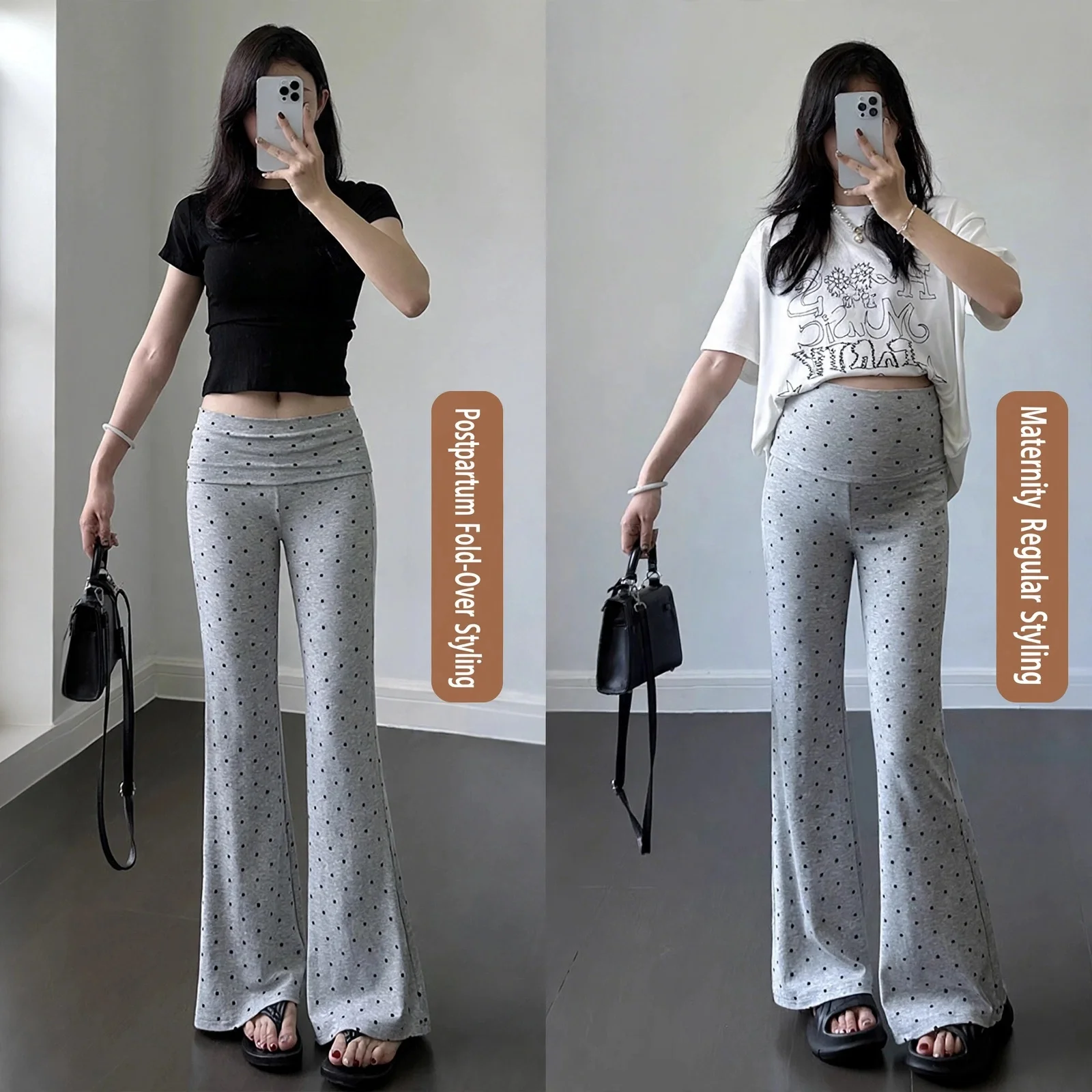 Maternity Pants Polka Dot High Waist Slim Fit Micro Flare Pregnant Women Spring Summer Daily Wear Home Travel