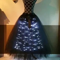 2025 Women LED Dance Skirt Black White Mesh Electric Syllable Luminous Tutu Long Skirt Female Stage Show Costumes Dancewear