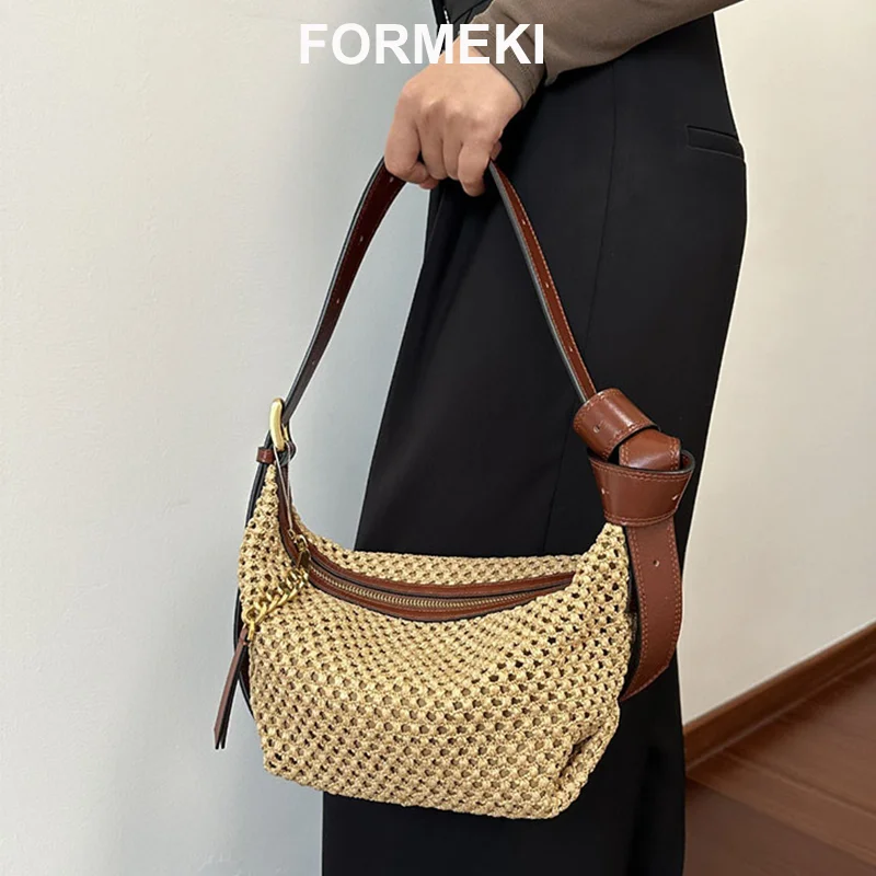 Formeki Genuine Leather Bag Women\'S Bag Ins Fashion Straw Bag Retro Hobos All Match Ladies Female Bag