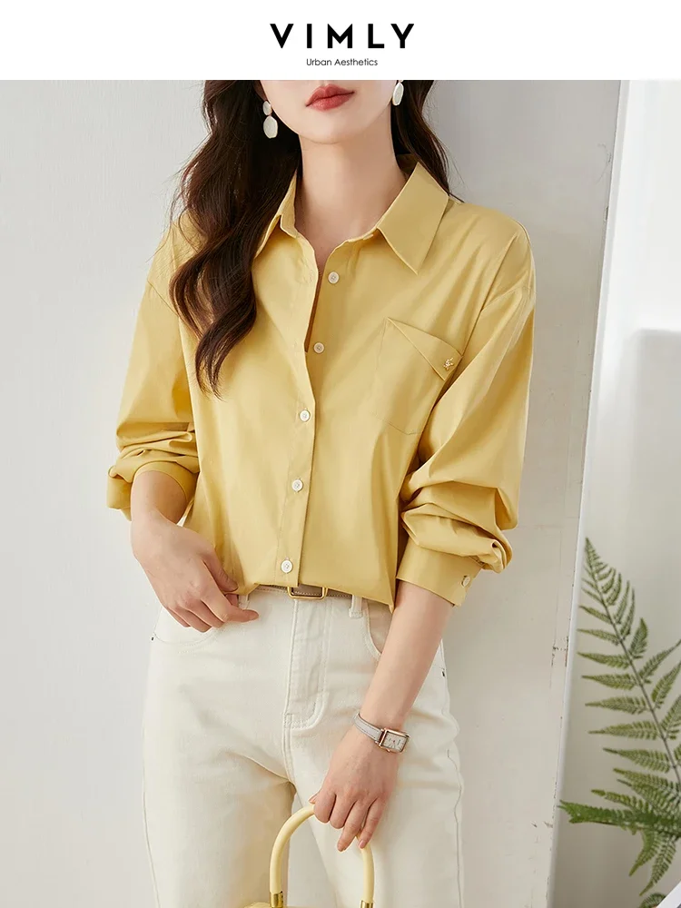 Vimly Pink Casual Shirts for Women Spring 2024 Korean Fashion Long Sleeve Tops Cotton Blend Button Down Shirts & Blouses V7799