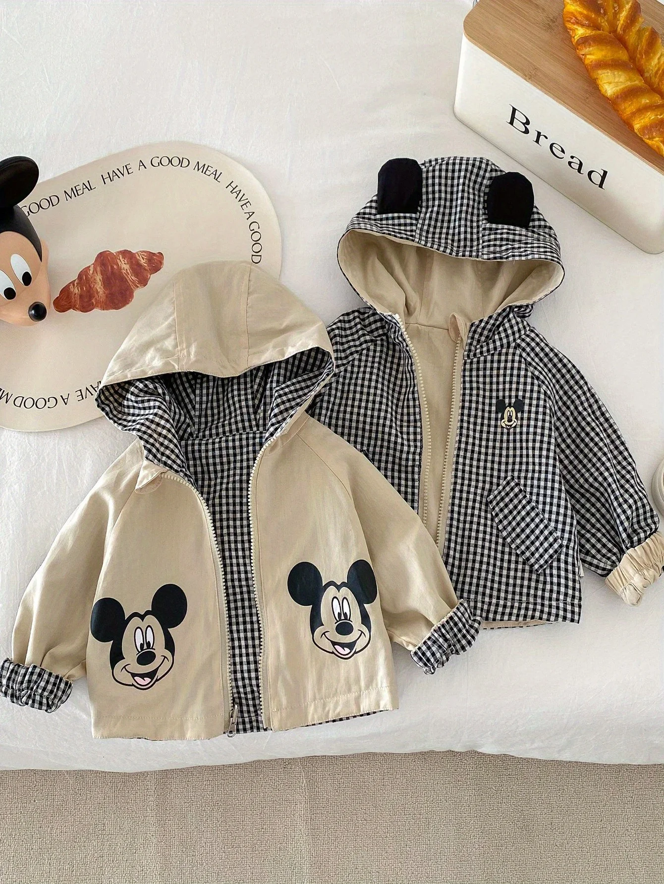 1pc Disney Children's cartoon Mickey jacket, autumn boys' double-sided hooded checkered top