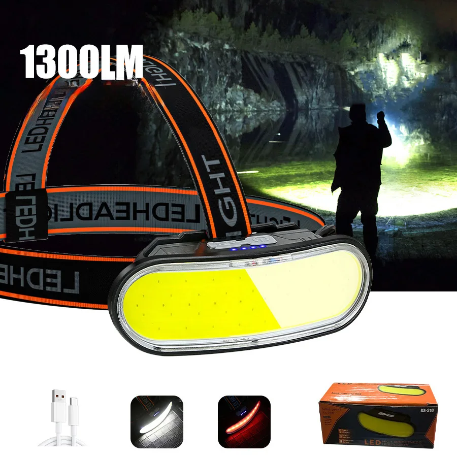 

1 шт. USB-перезаряжаемый водонепроницаемый налобный фонарь COB LED со встроенным аккумулятором, портативный фонарь для работы, кемпинга и активного отдыха