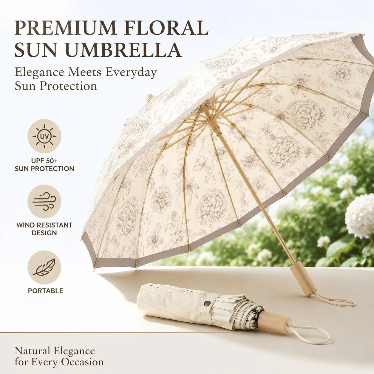 16 Ribs Folding Umbrella UV Block 99.9% Sun Parasol Windproof Rainproof Retro Wooden Handle Umbrella with Storage Bag for Women
