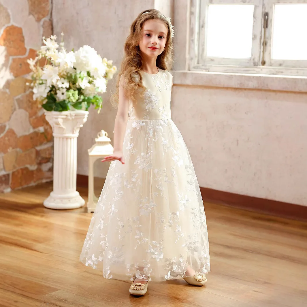 Champagne o pescoço sem mangas rendas vestidos da menina de flor menina longo vestido de dama de honra para o casamento vestido de baile grande arco vestido de chica