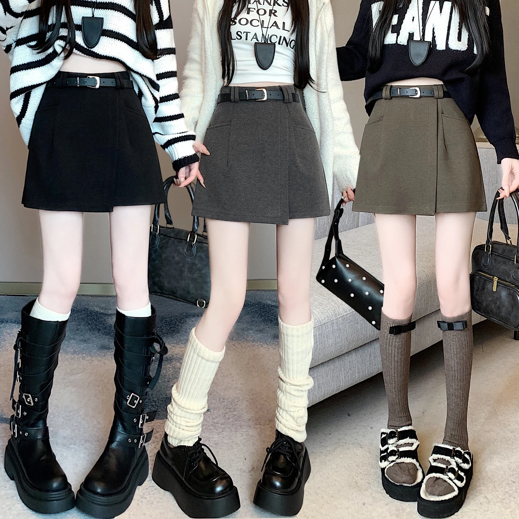 ay Thi Wollrockhose Damen Herbst Winter Oberbekleidung Kleine Größe A-Linie Stiefelhose Asymmetrische Orts