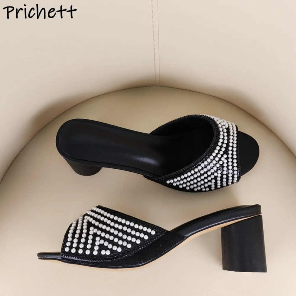 Pearl Crystal Slippers Round Heels Peep Toe Solid Elegant Outdoor Summer Shoes Slip On Slingback Luxury Rhinestone Line Slippers