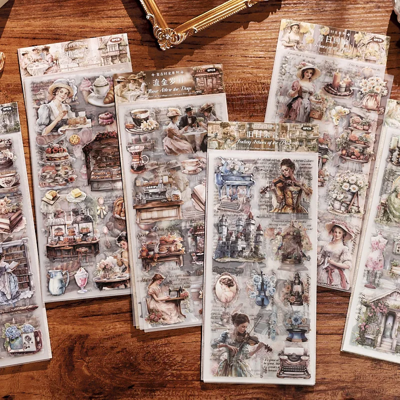 6sheets Retro Time Series European Style PET Transfer Printing Sticker DIY Diary Handmade Scrapbook Aesthetic Stationery Sticker
