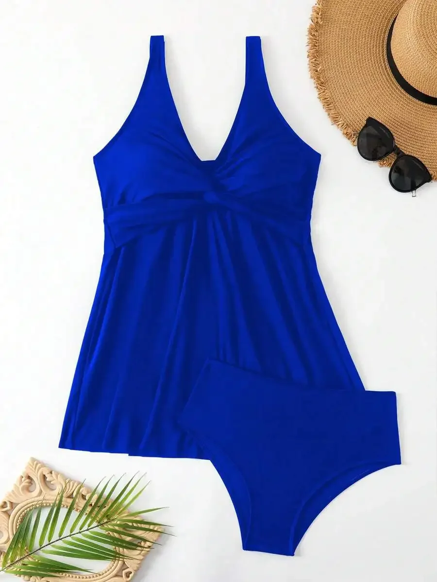 

Womens Blue Twist Front Swimsuit With High Waist Shorts