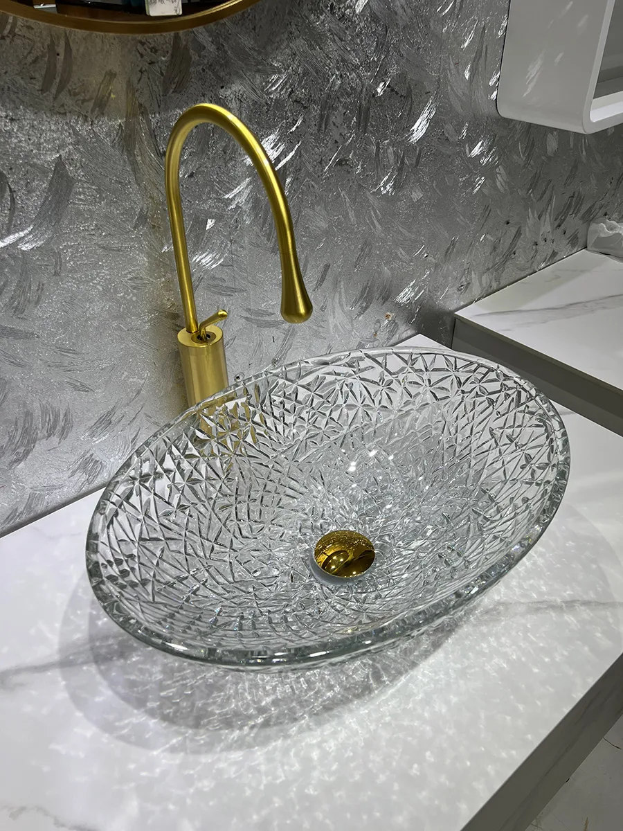 Crystal glass basin, basin, bathroom, art, light luxury wash basin, hotel home wash basin, transparent dark gray