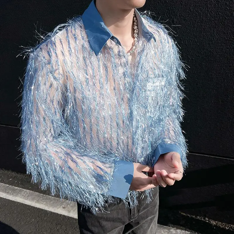 Men Stage Clothing Tassels Loose Casual Long Sleeve Shirts Man Nightclub Singer Dancer Costume Party Dress Shirts Blouses