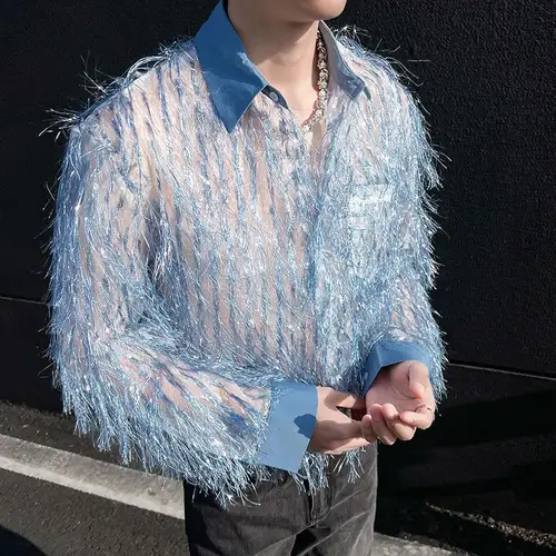 Imagen 1 del producto Ropa de escenario para hombre, camisas holgadas informales de manga larga con borlas, disfraz de bailarina y cantante para club nocturno, camisas para vestido de fiesta, blusas