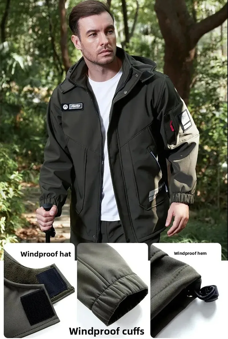 

Thickened Fleece Winter Outdoor Men's Mountain Climbing Suit Windproof Waterproof Soft Shell Workwear Jacket and Pants Set