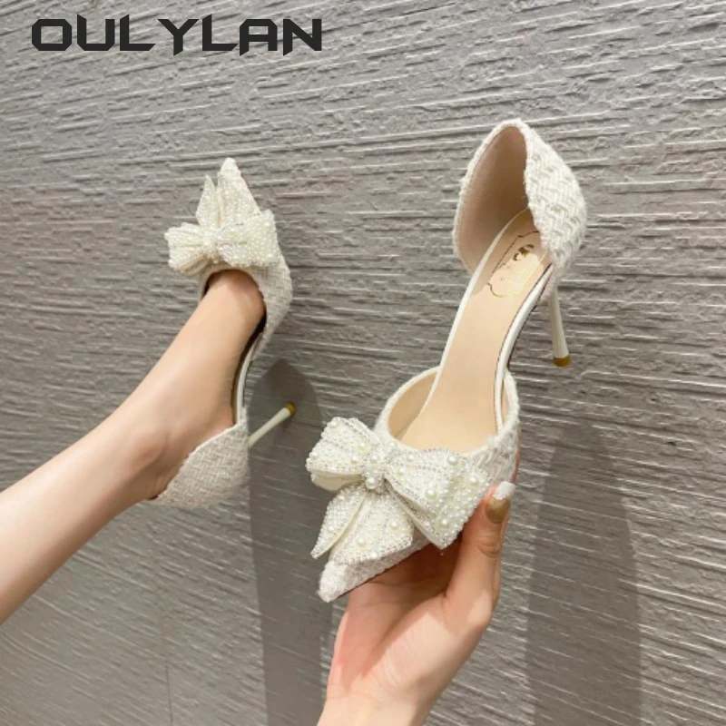 Oulylan Pearl Crystal Bowtie White Wedding Shoes Women 2024 Brand Designer High Heels Pumps LadiesThin Heeled Party Shoes