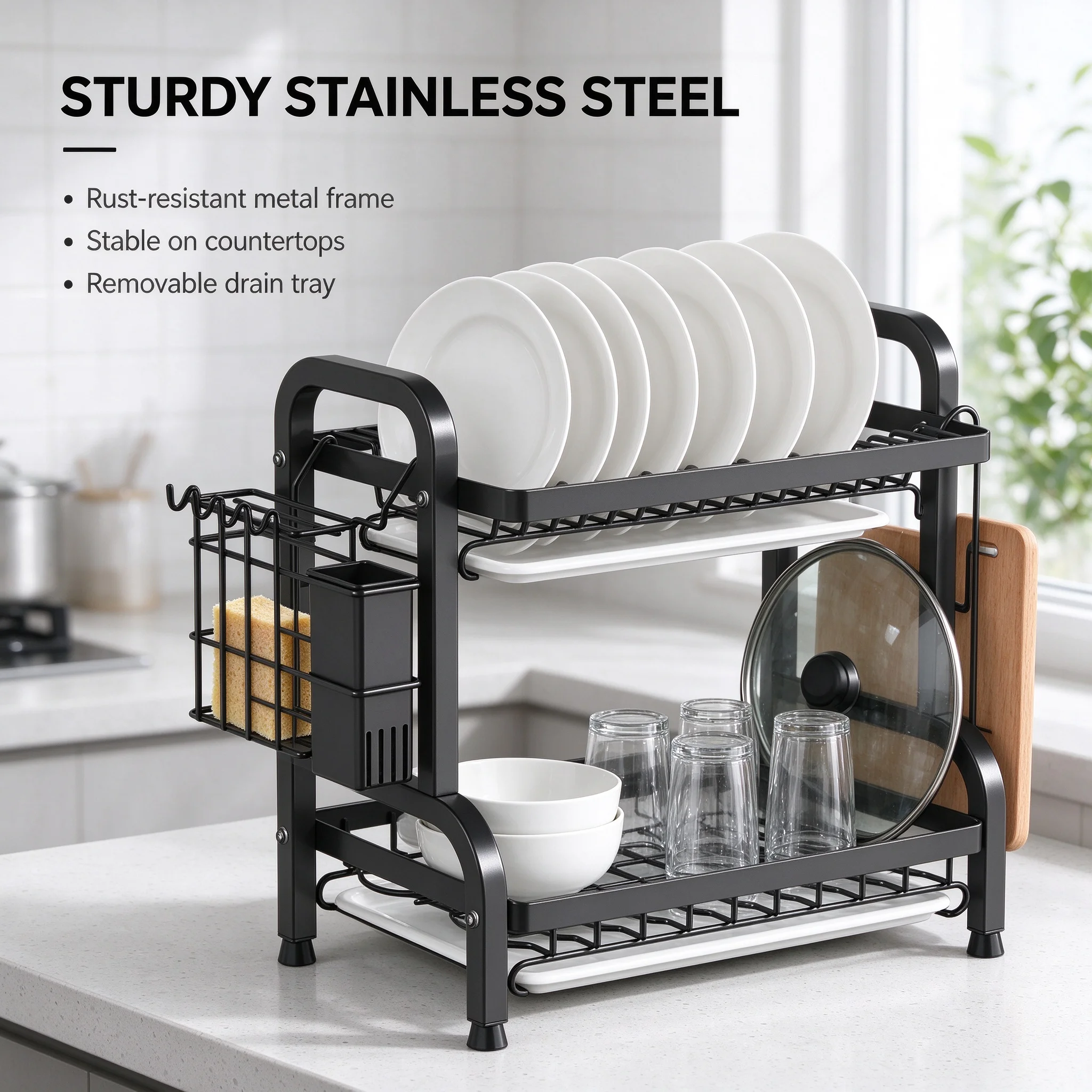 Space Saving Over the Sink Large Dish Drying Rack – 2/3 Tier Above Sink Drainer with Utensil Holder for Kitchen Counter