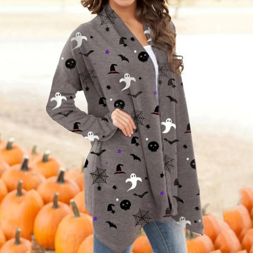 New Hot Sale Ladies Casual Cardigan Autumn and Winter Women's Loose Long Cardigan Ladies Halloween Printed Cardigan Jacket