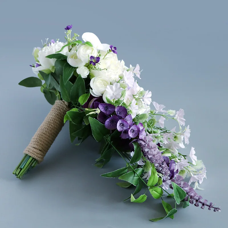 Bouquet de fleurs de mariée violet en cascade, fausses pivoines, accessoires de fête