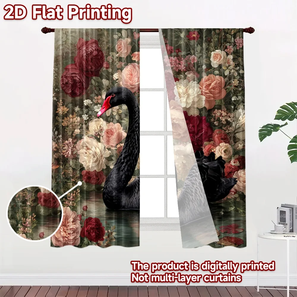 2D flat 2pcs Curtain Country Style Curtains Black Swan Roses Digitally printed polyester Family Party Decoration Perfect for