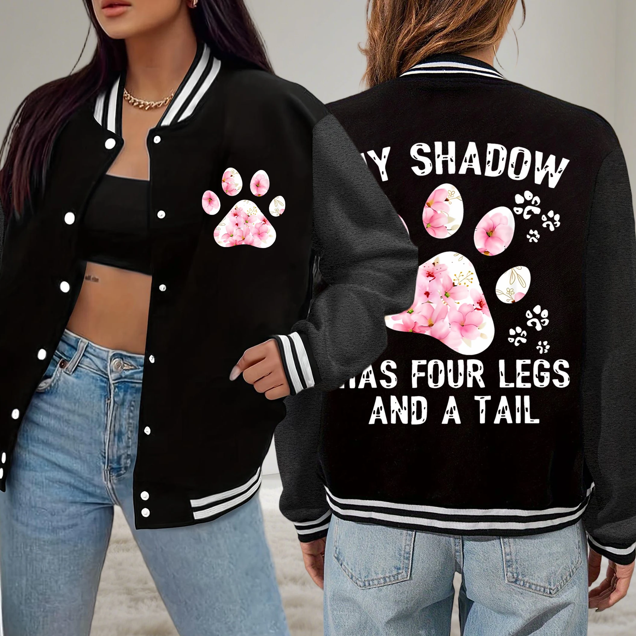 

Flower Cat Feet My Shadow Has Four Legs And A Tail Print Women Jackets Loose Autumn Baseball Uniform All-Match Fleece Clothes