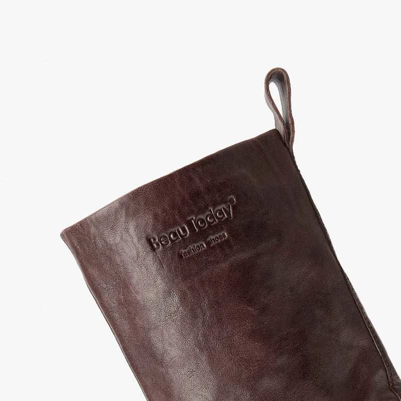 BEAUTODAY منتصف العجل أحذية النساء حقيقية الحصان الجلود الخياطة تصميم بلون الانزلاق على أحذية السيدات اليدوية 03158