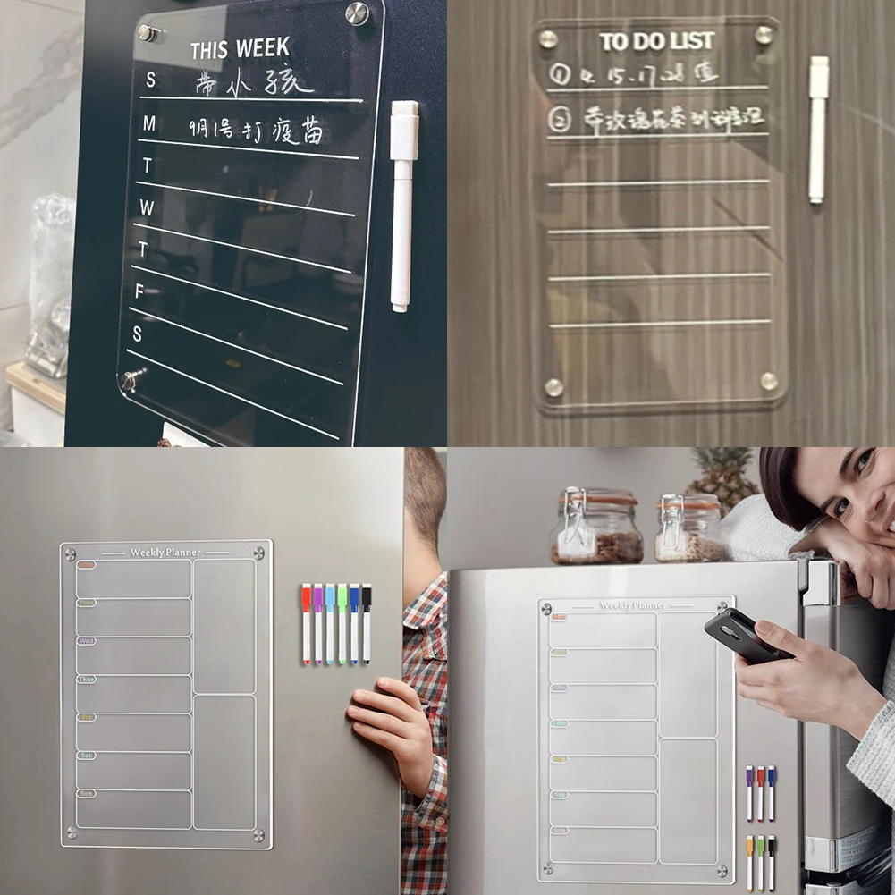 Acrylic Magnetic Calendar 7.8x11.7 In Magnetic Menu Board Reusable Clear Planner Board with 6 Color Pens for Refrigerator