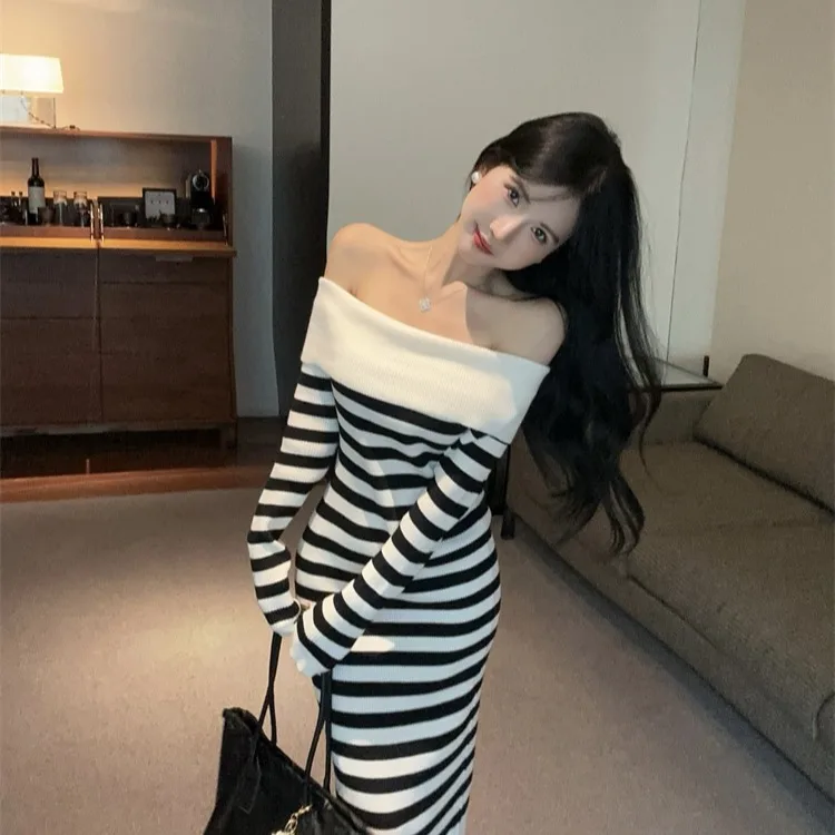 섹시 니트 드레스 원숄더 하이웨이스트 슬림핏 롱 슬리브 가을 겨울 스트라이프 이너웨어 캐주얼 엘레강스