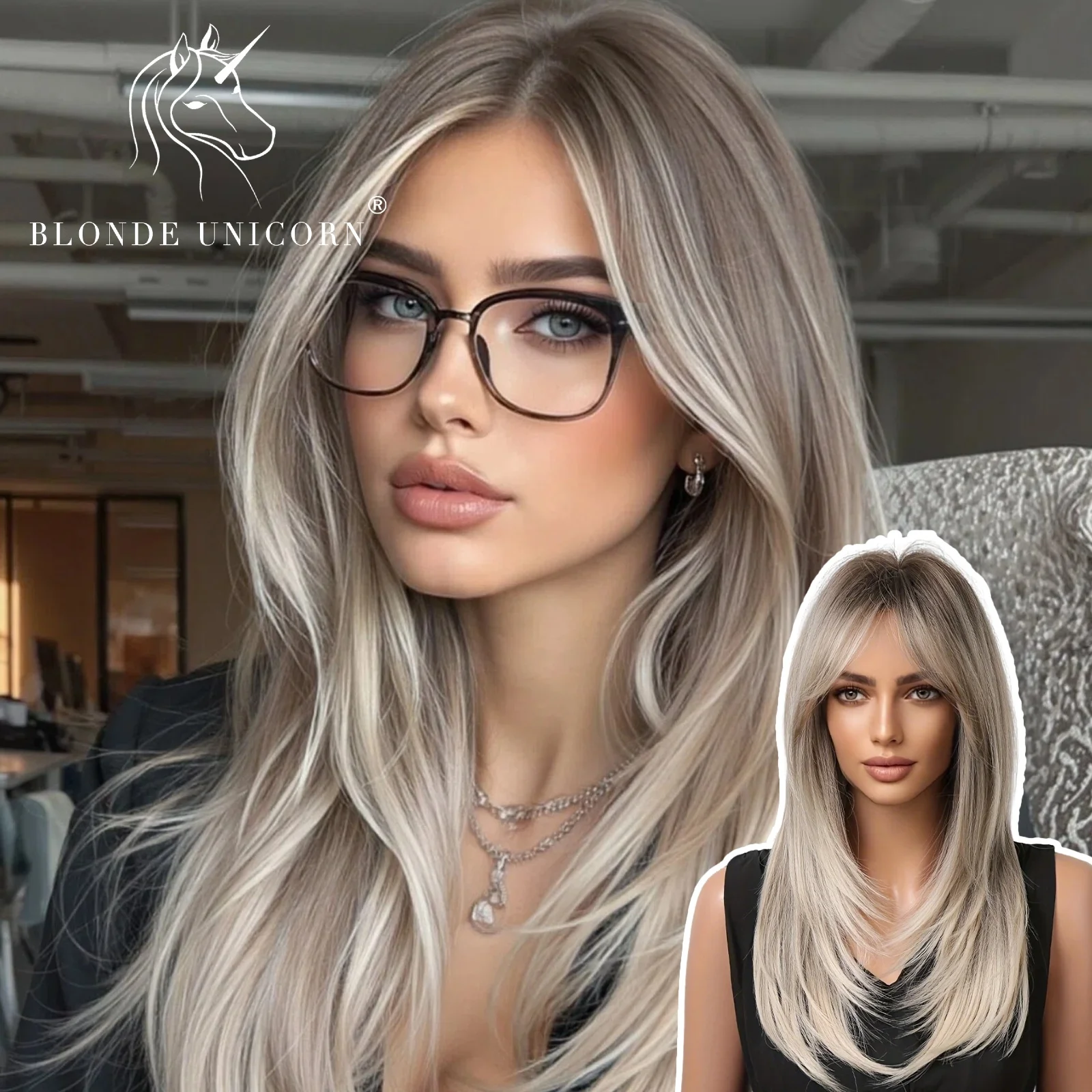 

Длинный прямой синтетический парик омбре от коричневого до платинового блонда с челкой для женщин, термостойкий, для повседневной носки, вечеринок и косплея