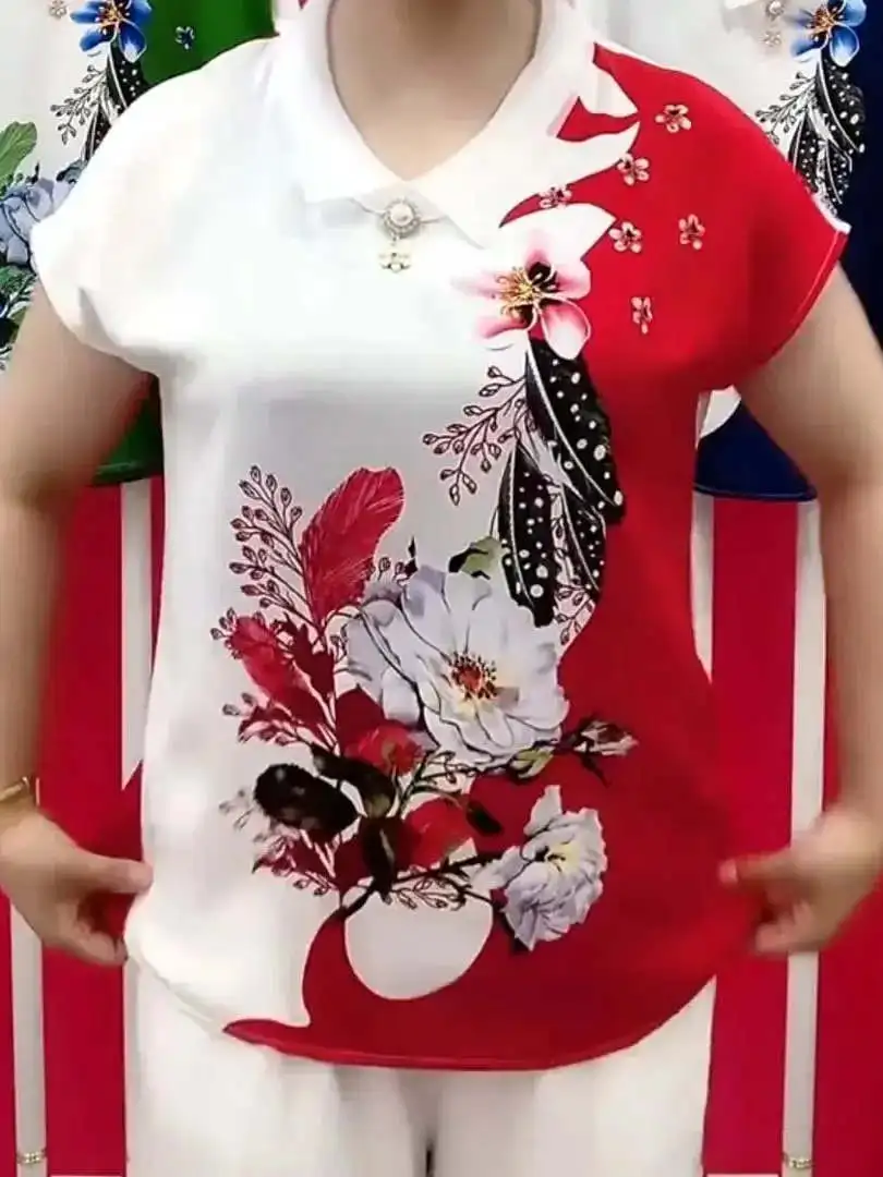 

Faionable ort Sve T-irt Women's Summer New Loose Slimming Casual Top Doll Collar Print Korean Sle Creative Pattern