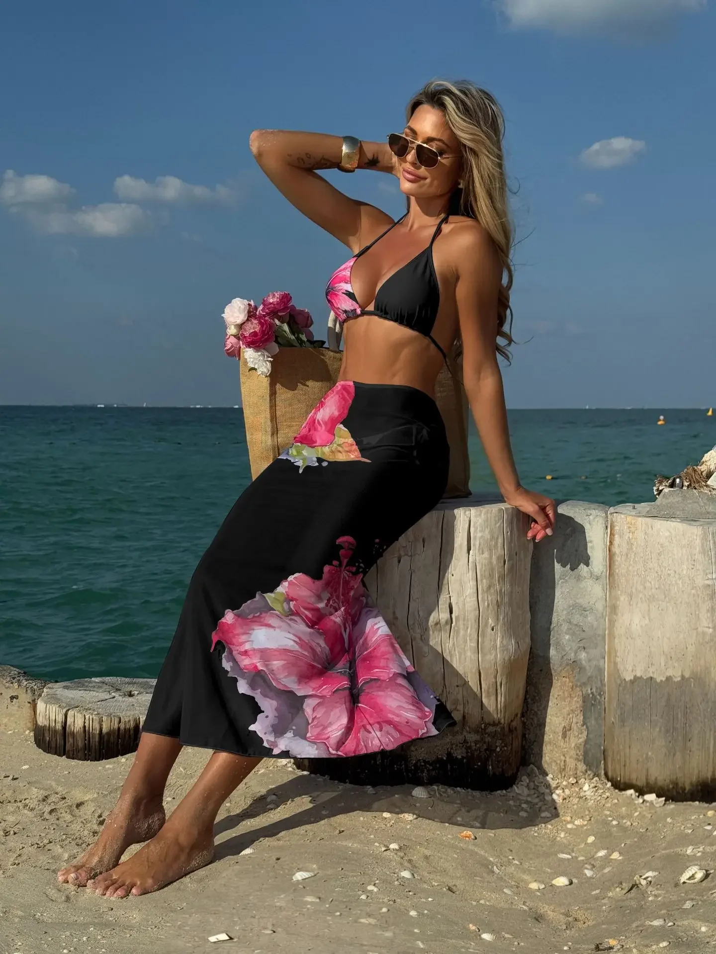 Sexy White Floral Print Bikinis Sets Women Mesh Long Skirt 3 Piece Swimsuit Summer Push Up Beach Bathing Suit Holiday Swimwear