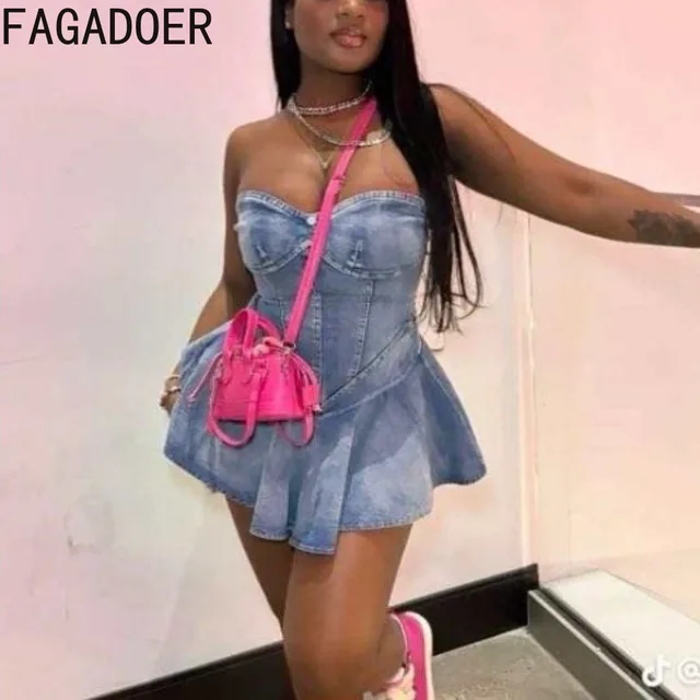 FAGADOER Y2K Street Sweet Pleat Denim Tube Mini Dress Women Wysokiej jakości elastyczna sukienka bez rękawów bez pleców Vestidos Fashion Streetwear