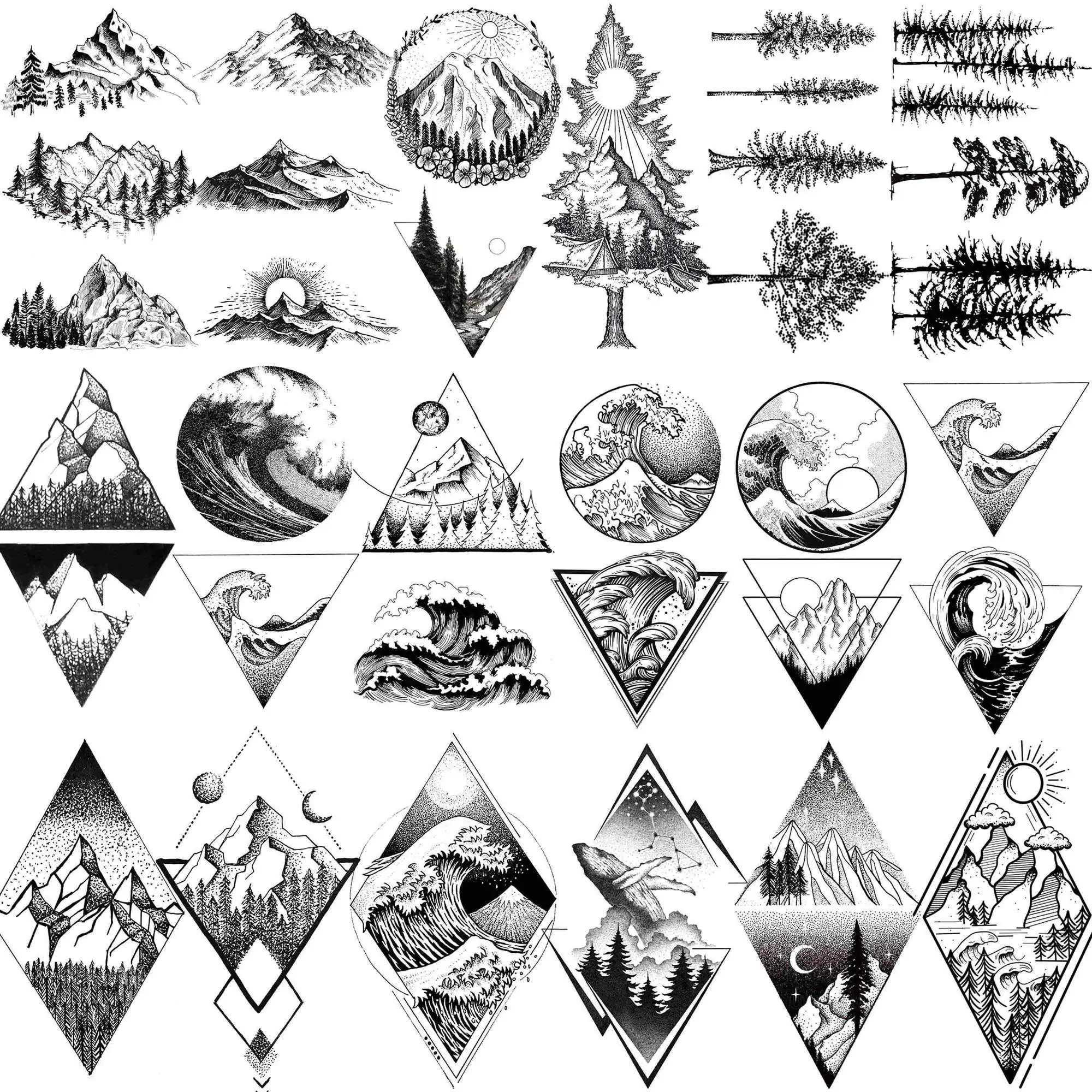 

18 Sheets Geometry Mountain Temporary Tattoos For Men Women Adults Fake Waves Tattoo Sticker Black 3D Pine Tree Tatoos Triangle