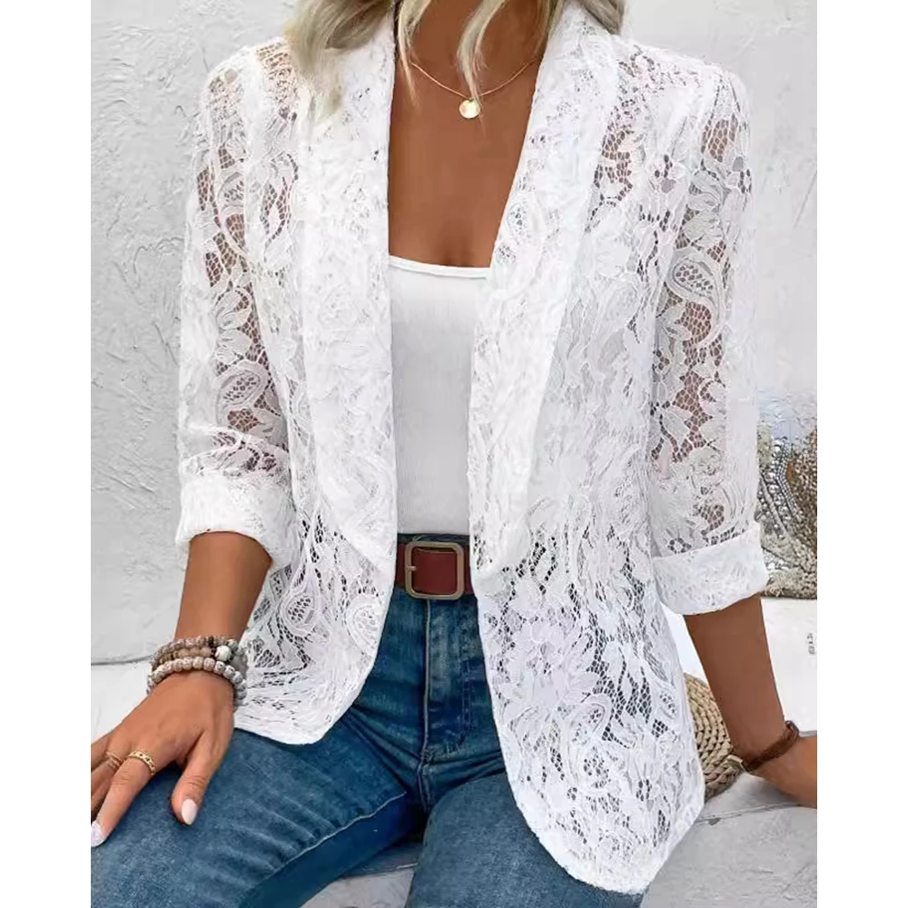 Women Open Stitch Lace White Blazer Coat Femme Long Sleeve See Through Hollow Out Elegant Jacket Autumn Cardigan Outfits