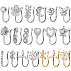 1PC Fashion Zircon Flower Star Silver Color Nose Cuff Plum Heart Moon Ear Clips Fake Piercing Nose Ring For Women Girls Jewelry