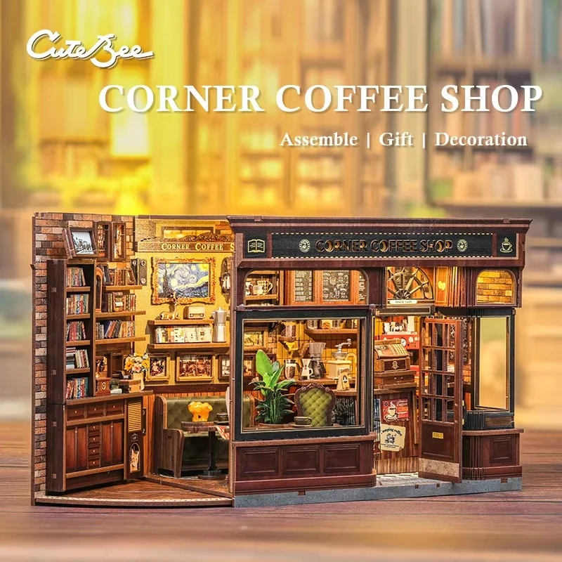 

CUTEBEE 3D Wooden Puzzle DIY Dollhouse Kit Miniature Book Nook Kits Bookshelf Insert for CORNER COFFEE SHOP