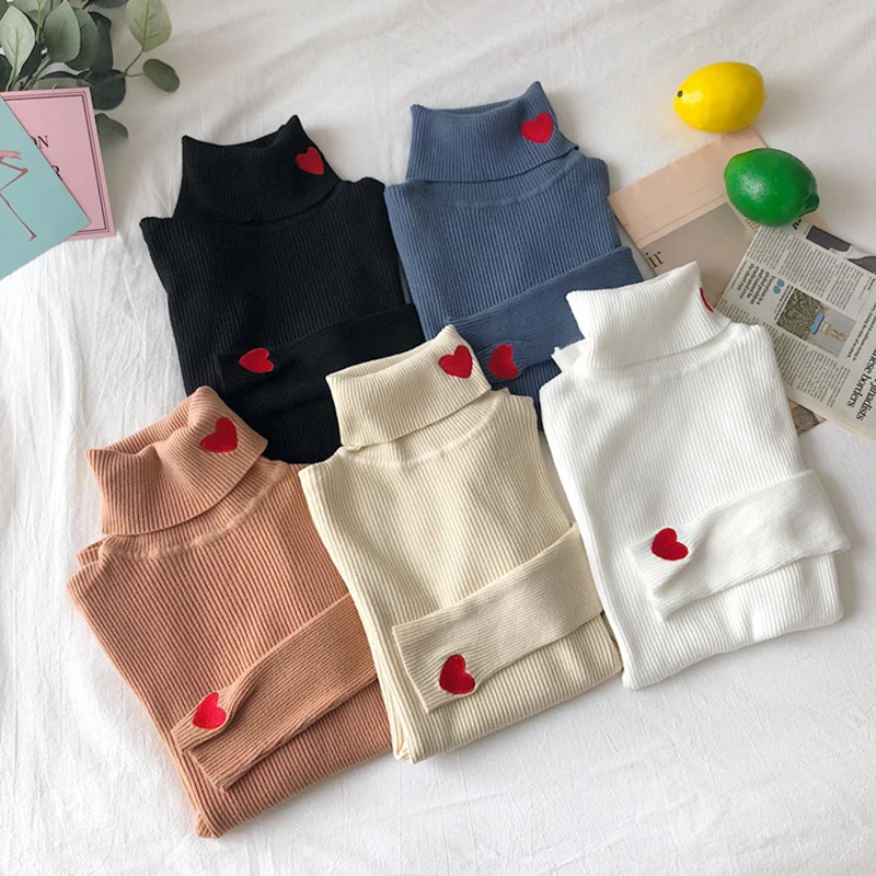 Heart Embroidery Turtleneck Knitted Women Sweaters Pullovers Autumn Winter Basic Sweater Female Soft Warm Tops