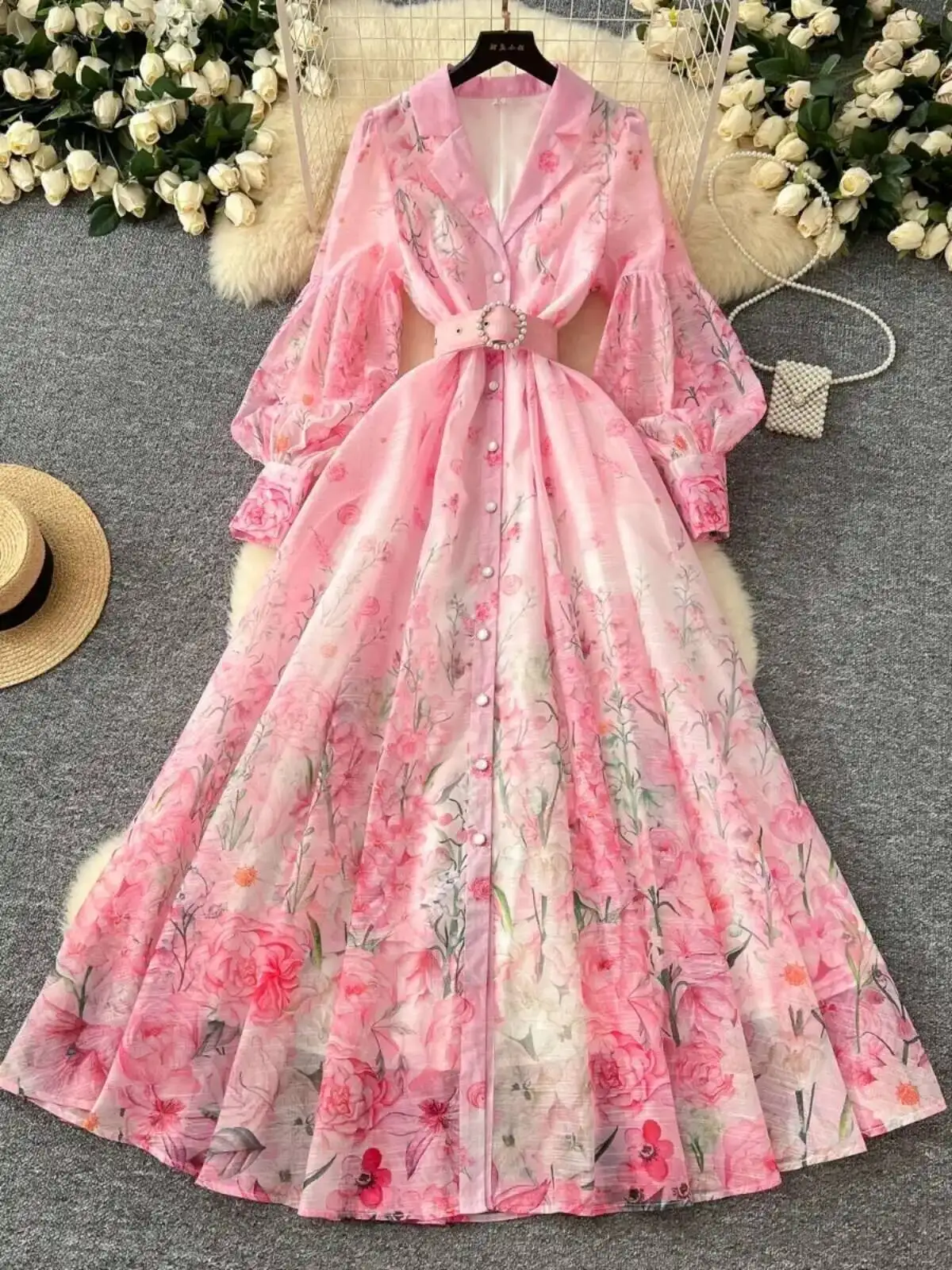 Palace ดอกไม้ Maxi ชุดผู้หญิงฤดูร้อน Holiday ชุดยาวเสื้อ 2025 ฤดูใบไม้ผลิแขนยาวเดี่ยวไข่มุกปาร์ตี้ Vestidos