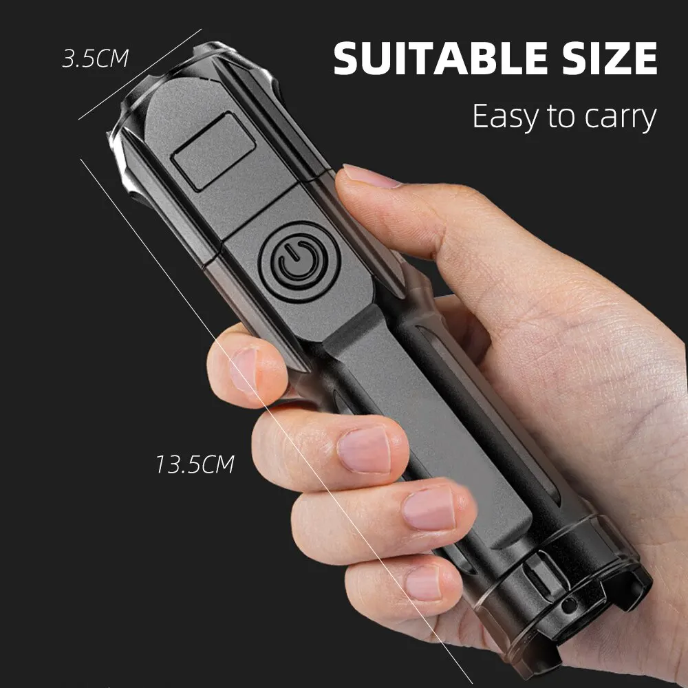 High Power LED Flashlight USB Rechargeable Torch Portable Zoomable Camping Light 3 Lighting Modes Use High Strength ABS Material