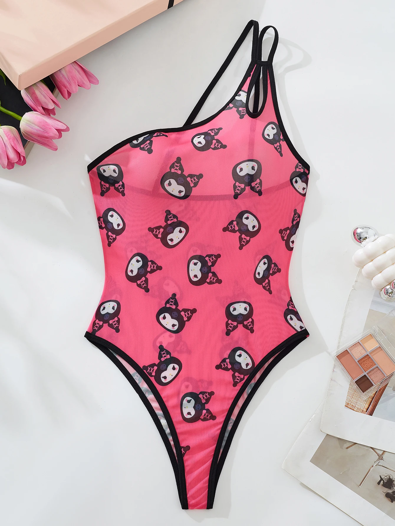 Sanrio Kuromi Damen-Pyjama mit niedlichem Digitaldruck, rosa, rückenfreier Body, sexy, bequeme, einteilige Damenunterwäsche