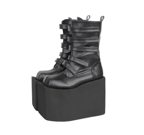 Punk Style Black Square Toe Mid-Calf Platform Women Boots Wedges Super High Heels Hook Loop Design Large Size Shoes view 4