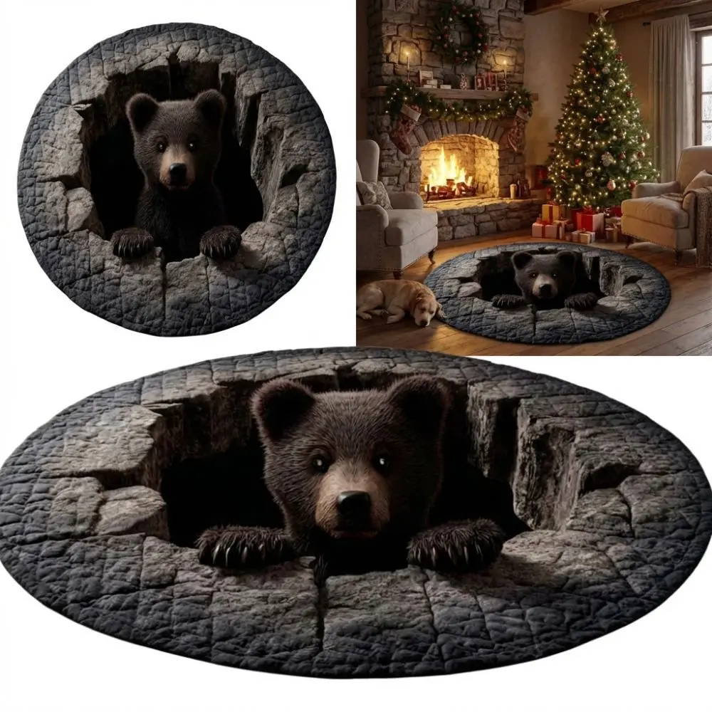 3D Bear Cave Realistic Bear Carpet Non-slip Backing 60*60cm Circle Carpet Dirt-scraping Surface Household Entrance Mat