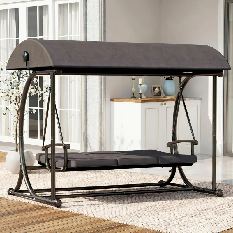 

2026 New：3 Patio Swing with Canopy, Convertible Porch Swing Bed Adults, Heavy Duty Outdoor Swing Chair with Stand B
