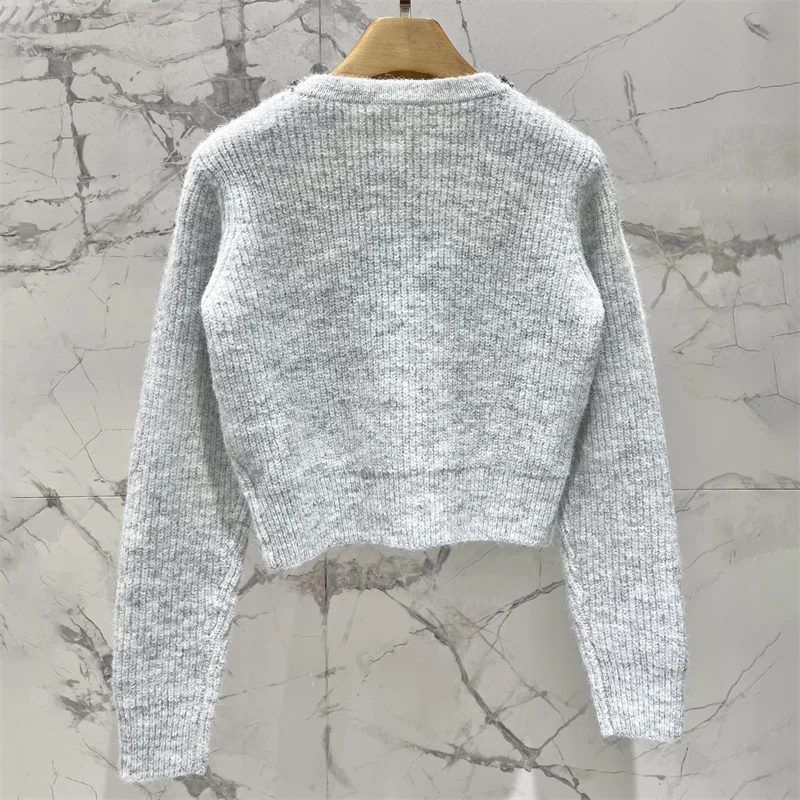 Cárdigan para mujer, nueva camisa de manga larga ajustada de punto elástico con cuello redondo para invierno 2025, suéter de mezcla de lana de oveja y camello para mujer